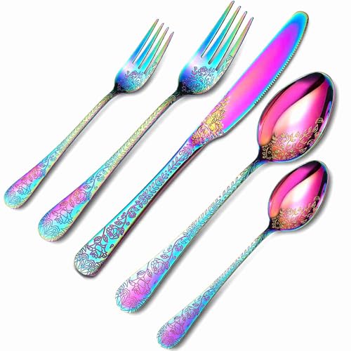 Fictory Buntes Edelstahl-Besteck-Set – stilvolles 20-teiliges Besteck für 4 Personen – langlebige und elegante Esslösung in Geschenkbox – perfekt zur Verschönerung jedes gedeckten Tisches von Fictory