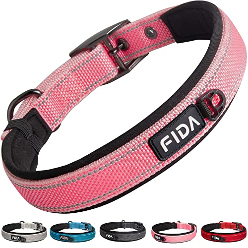 Fida Gepolstertes Hundehalsband, Reflektierendes starkes Hundehalsband mit doppellagigem Gurtband, Verstellbares strapazierfähiges Hundehalsband mit Metallschnalle für mittelgroße Hunde, Rosa von Fida