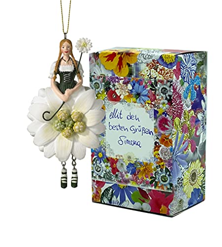 Fiebiger Floristik Blumen-Mädchen Edelweißmädchen zum Hängen Elfen-Dekofigur Flower Fairy Figur Blumenfigur Skulptur Blumenkinder in Geschenk-Box von Fiebiger Floristik