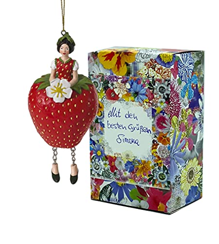 Blumen-Mädchen Erdbeere zum Hängen Elfen-Dekofigur Flower Fairy Figur Blumenfigur Skulptur Blumenkinder in Geschenk-Box von Fiebiger Floristik