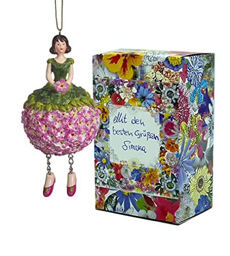 Blumen-Mädchen Geranie zum Hängen Elfen-Dekofigur Flower Fairy Figur Blumenfigur Skulptur Blumenkinder in Geschenk-Box von Fiebiger Floristik