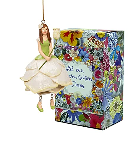 Blumen-Mädchen Rose weiß zum Hängen Elfen-Dekofigur Flower Fairy Figur Blumenfigur Skulptur Blumenkinder in Geschenk-Box von Fiebiger Floristik