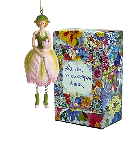 Blumen-Mädchen Tulpe zum Hängen Elfen-Dekofigur Flower Fairy Figur Blumenfigur Skulptur Blumenkinder in Geschenk-Box von Fiebiger Floristik