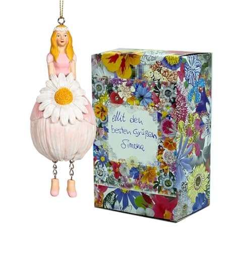 Fiebiger Floristik Blumen-Mädchen Gänseblümchenmädchen rosé-weiß zum Hängen Elfen-Dekofigur Flower Fairy Figur Blumenfigur Skulptur Blumenkinder in Geschenk-Box von Fiebiger Floristik