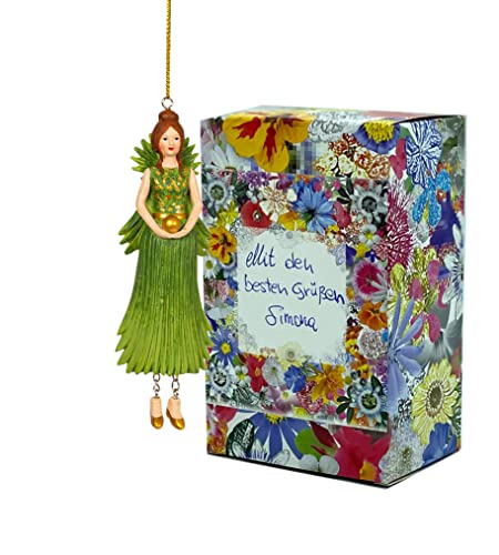 Fiebiger Floristik Blumen-Mädchen Hanfpalmenblattmädchen zum Hängen Elfen-Dekofigur Flower Fairy Figur Blumenfigur Skulptur Blumenkinder in Geschenk-Box von Fiebiger Floristik