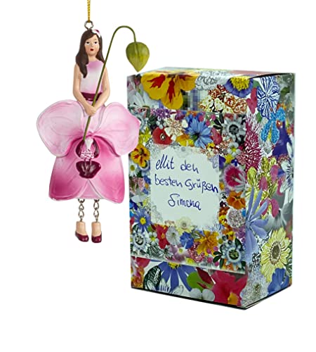 Fiebiger Floristik Blumen-Mädchen Orchideamädchen Phalaenopsis lila zum Hängen Elfen-Dekofigur Flower Fairy Figur Blumenfigur Skulptur Blumenkinder in Geschenk-Box von Fiebiger Floristik