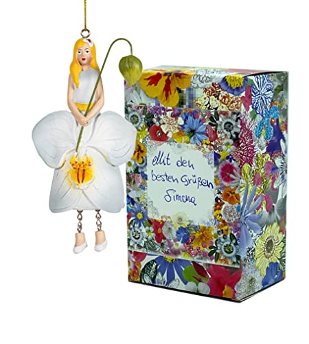 Fiebiger Floristik Blumen-Mädchen Orchideamädchen Phalaenopsis weiß zum Hängen Elfen-Dekofigur Flower Fairy Figur Blumenfigur Skulptur Blumenkinder in Geschenk-Box von Fiebiger Floristik