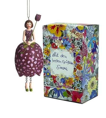 Fiebiger Floristik Blumen-Mädchen Schachbrettblumenmädchen Burgund-Rose zum Hängen Elfen-Dekofigur Flower Fairy Figur Blumenfigur Skulptur Blumenkinder in Geschenk-Box von Fiebiger Floristik