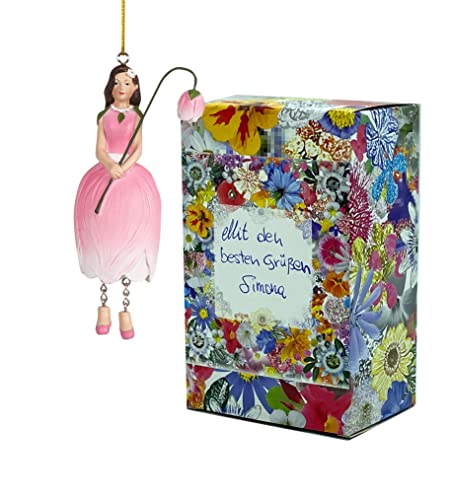 Fiebiger Floristik Blumen-Mädchen Tulpenmädchen rosa zum Hängen Elfen-Dekofigur Flower Fairy Figur Blumenfigur Skulptur Blumenkinder in Geschenk-Box von Fiebiger Floristik