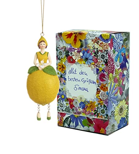 Fiebiger Floristik Blumen-Mädchen Zitronenmädchen zum Hängen Elfen-Dekofigur Flower Fairy Figur Blumenfigur Skulptur Blumenkinder in Geschenk-Box von Fiebiger Floristik