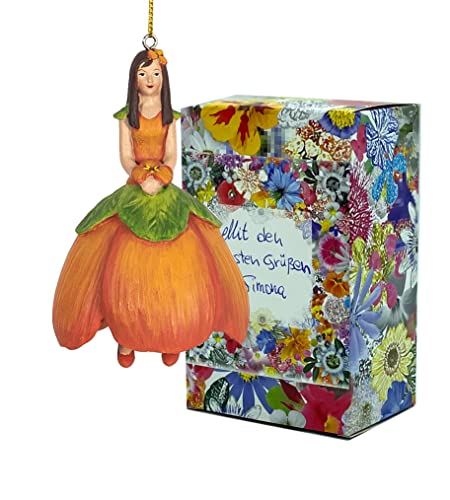Fiebiger Floristik Blumen-Mädchen Kapuzinerkressemädchen zum Hängen Elfen-Dekofigur Flower Fairy Figur Blumenfigur Skulptur Blumenkinder in Geschenk-Box von Fiebiger Floristik