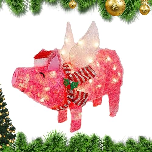Fierudeng Weihnachtsfliegendes Schwein,Weihnachtsschwein-Dekoration für den Außenbereich,Rosa Schweinehof-Kunstgartenstatuen - Beleuchtetes fliegendes 3D-Schwein mit Weihnachtsmütze und Schal, von Fierudeng