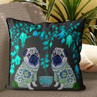 Chinoiserie Kissenbezug, Mops Zwillinge Auf Anthrazit, Moderne High End Kissenbezug Designer Kissen, Besitzer von FifiBadgerDesigns