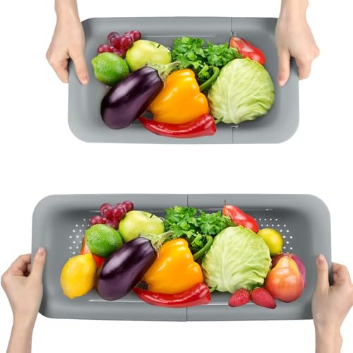 Figarge 2 Stück Abtropfsieb Spülbecken,Nudelsieb Ausziehbar Küchenabflusskorb, Küchensieb Nudelsieb Kunststoff, Gekochte Nudeln Abtropfen, Gemüse, Obst Waschen Küchenutensilien (Grau) von Figarge