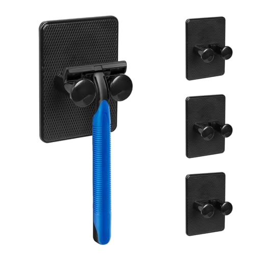 Figarge Rasierer Halterung Dusche, 4Pcs Haken Ohne Bohren Hohe Belastbarkeit Abnehmbar Klebehacken Wand für Rasierapparate, Handtücher, Badekugeln Haken Ohne Bohren (Schwarz) von Figarge