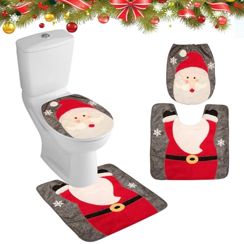 Weihnachts Toilettensitzbezug Weihnachts Dekorationen Toilettensitzbezug Weihnachten Teppich Set Weihnachtsmann Schneemann Elch Toilettenvorleger Set WC Sitz Abdeckung für Badezimmer (Rot) von Figarge
