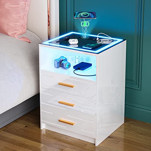 Figbird LED Hochglanz Nachtschrank mit kabellose Ladestation,Intelligent Nachttisch mit Touch-Screen,Nachtkommode mit 3 Schubladen und USB/Type-C Aufladung für Wohnzimmer Schlafraum von Figbird