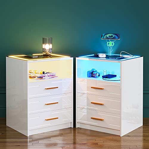 Figbird LED Nachtschrank mit kabellose Ladestation,Hochglanz Nachttisch mit Touch-Screen,Nachtkommode mit 3 Schubladen und USB/TYPE-C Aufladung für Wohnzimmer(White Set of 2) von Figbird