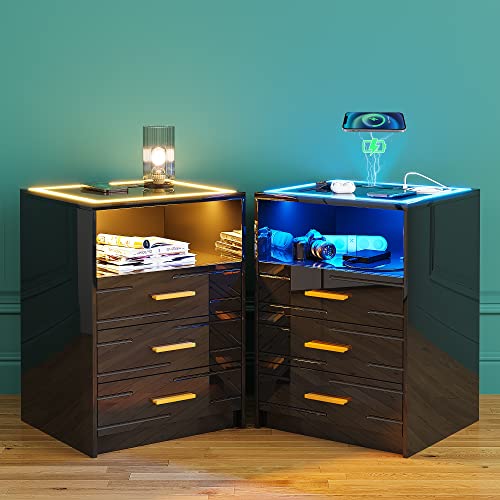 Figbird LED Nachtschrank mit kabellose Ladestation,Hochglanz Nachttisch mit Touch-Screen,Nachtkommode mit 3 Schubladen und USB/Type-C Aufladung für Wohnzimmer(Black Set of 2) von Figbird