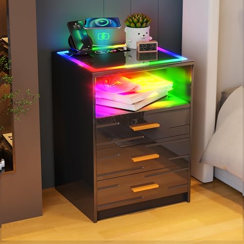 Figbird LED Nachttisch mit Ladestation, intelligenter Nachttisch mit 3 Schubladen, automatischer Sensor, USB TYPE-C, 24 Farben, dimmbar, Schlafzimmer, Wohnzimmer, Schwarz von Figbird