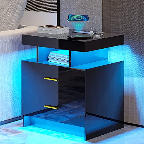 Figbird LED Nachttisch mit kabelloser Ladestation, Hochglanz Nachtschrank mit 1 USB & Type-C Anschluss, 3-Farben LED Nachttisch mit Menschliche Körperinduktion für Schlafzimmer von Figbird
