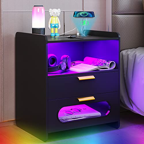 Figbird RGB LED Nachttisch mit Kabellose Ladestation und 1 USB & 1 Type-C Anschlüssen, Nachtschrank mit 24 Einstellbarer Lichtfarben, Einstellbarer Leuchtdichte und Bewegungssensor (RGB Black) von Figbird