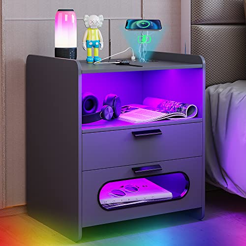 Figbird RGB LED Nachttisch mit Kabellose Ladestation und 1 USB & 1 Type-C Anschlüssen, Nachtschrank mit 24 Einstellbarer Lichtfarben, Einstellbarer Leuchtdichte und Bewegungssensor (RGB Grey) von Figbird