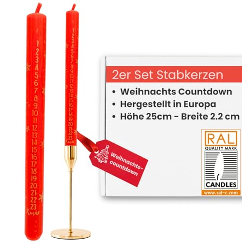 2er Set Adventskerzen Weihnachtskerzen 1-24 Weihnachts-Countdown Stabkerzen rot Adventskalender Kerzen-Set mit Zahlen Weihnachtsdeko & Geschenkidee 7h Brenndauer für Adventskranz von Figura Santa
