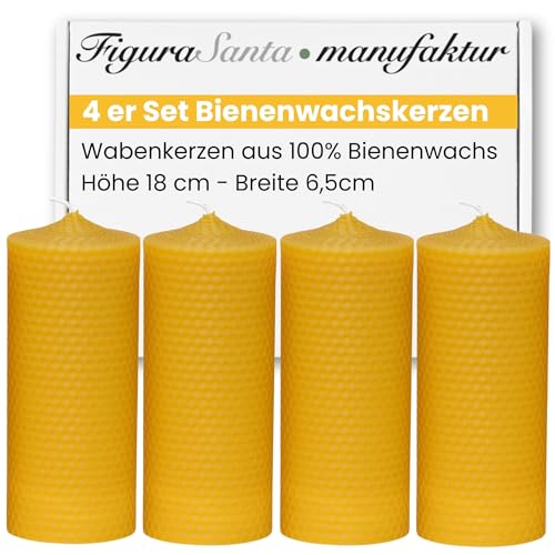 Figura Santa - 4 große WABENKERZEN - BIENENWACHSKERZEN - Bio Kerzen aus 100% Bienenwachs - Adventskerzen Weihnachtskerzen Honigkerzen Stumpen Premium Naturkerzen lange Brenndauer - H18cm x Ø6,5cm von Figura Santa