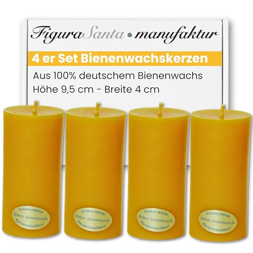 Figura Santa - BIENENWACHSKERZEN - 4 schlanke Stumpenkerzen aus 100% Bienenwachs - Adventskerzen Weihnachtskerzen Honigkerzen 4er Set H9,5cm x Ø4cm lange Brenndauer von Figura Santa