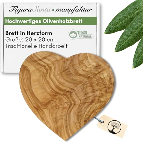 Figura Santa® Frühstücksbrettchen aus Olivenholz in Herzform HEARTBEAT - Herz Holzbrett Schneidebrett Vesperbrettchen Dekobrett, fein gemasertes Olivenholz ca.21x19 x2 cm von Figura Santa