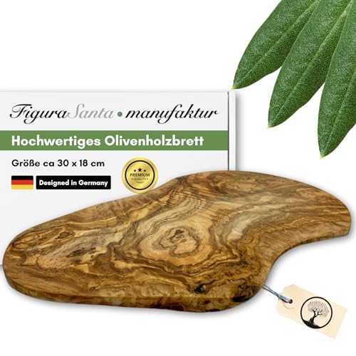 Figura Santa® Olivenholzbrett ORGANIC - rustikales Servierbrett Holzbrett Schneidebrett Frühstücksbrett, fein gemasertes Olivenholz, Naturschnitt mit Baumrinde ca.30 x 18 cm von Figura Santa