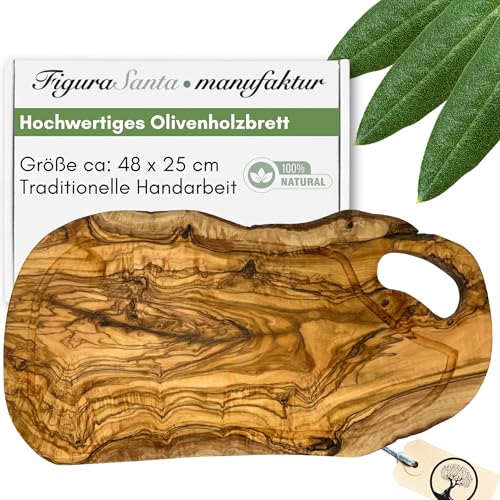 Figura Santa® Schneidebrett Olivenholz - massives Steakbrett Olivenholzbrett antibakteriell - Holzbrett Küche mit Saftrille und Griff - 48 * 25 cm- 2cm Dick - alternative zu Schneidebrett Kunststoff von Figura Santa