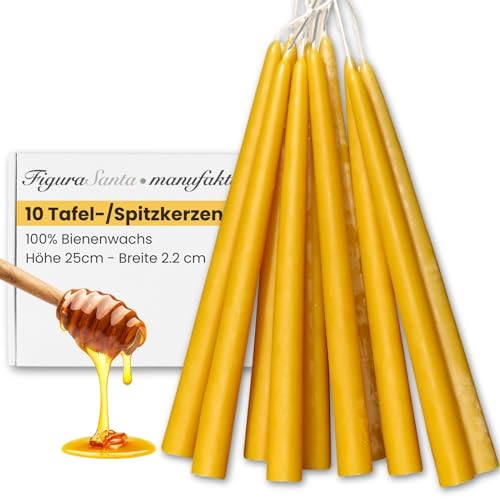 Figura Santa® Bienenwachskerzen 10er Set Stabkerzen aus 100% Bienenwachs Premium Tafelkerzen Spitzkerzen Leuchterkerzen Kerzen-Höhe 25 cm Ø 22 mm von Figura Santa