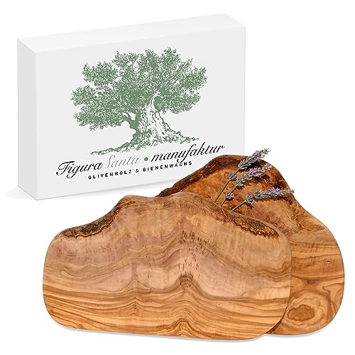 Figura Santa - 2 Olivenholzbretter ORGANIC - rustikales Servierbrett Holzbrett Schneidebrett Frühstücksbrett, fein gemasertes Olivenholz, Naturschnitt mit Baumrinde ca. 30 x 18 cm im 2er Set von Figura Santa