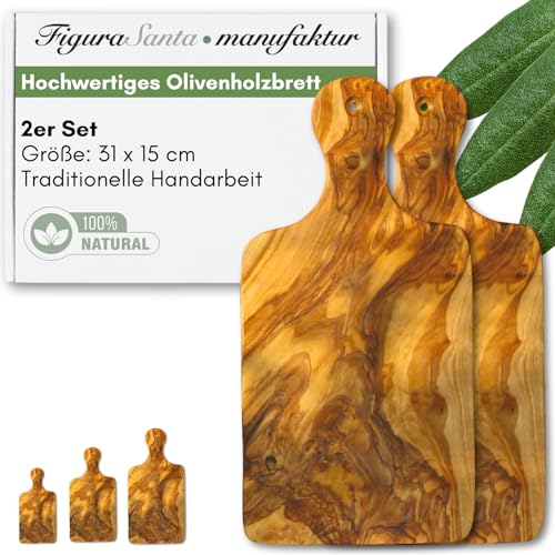 Figura Santa - 2 Olivenholzbretter SCHNEIDEBRETT COPPIA - Holzbrett Frühstücksbrett Vesperbrett Brotzeit Brett aus Holz, fein gemasertes Olivenholz, Größe inklusive Griff 31 x 15 cm 2er Set von Figura Santa