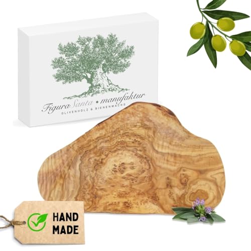 Figura Santa - Olivenholzbrett ORGANIC - Servierbrett Holzbrett Schneidebrett aus Holz Vesperbrett, fein gemasertes Olivenholz, Naturschnitt mit Baumrinde ca. Länge 26-28 cm Breite 14-15 cm von Figura Santa