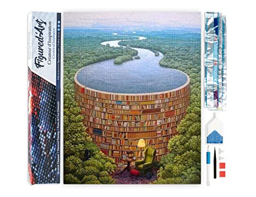 Figured'Art Diamond Painting Erwachsene 40x50cm Ganze Leinwand gerollt Fluss und Bibliothek 5D Bilder Eckige Steine - DIY Set Basteln von Figured'Art