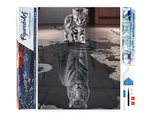 Figured'Art Diamond Painting Erwachsene 40x50cm Ganze Leinwand gerollt Katze und weißer Tiger 5D Bilder Eckige Steine - DIY Set Basteln von Figured'Art