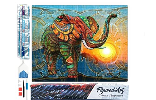 Figured'Art Diamond Painting Erwachsene 40x50cm Ganze Leinwand gerollt Künstlerischer Elefant 5D Bilder Eckige Steine - DIY Set Basteln von Figured'Art