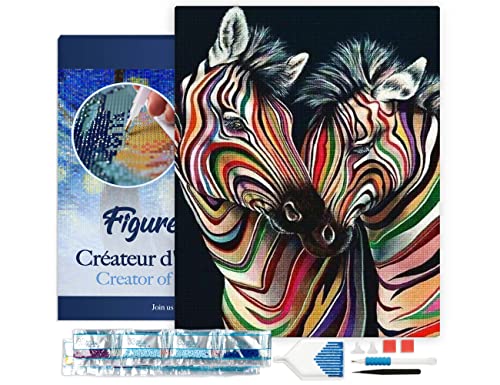 Figured'Art Diamond Painting Erwachsene 40x50cm Mit Rahmen Ganze Leinwand gespannt Buntes Zebrapaar 5D Bilder Eckige Steine - DIY Set Basteln von Figured'Art