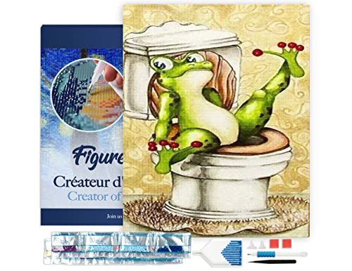 Figured'Art Diamond Painting Erwachsene 40x50cm Mit Rahmen Ganze Leinwand gespannt Frosch in Toilette 5D Bilder Eckige Steine - DIY Set Basteln von Figured'Art