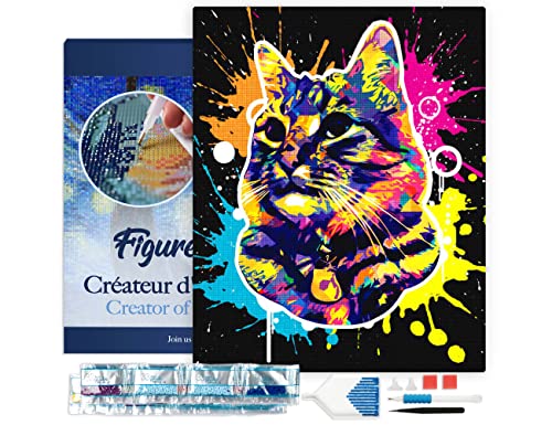 Figured'Art Diamond Painting Erwachsene 40x50cm Mit Rahmen Ganze Leinwand gespannt Katze Pop Art 5D Bilder Eckige Steine - DIY Set Basteln von Figured'Art