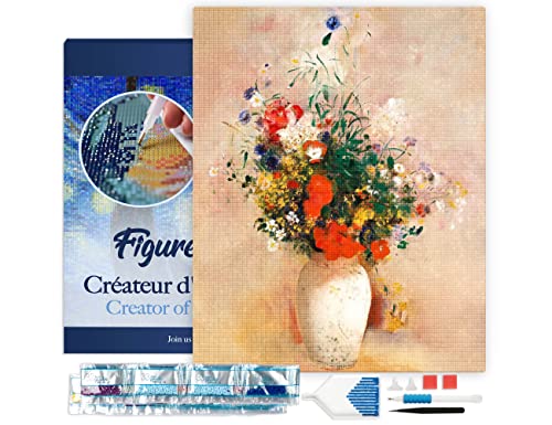 Figured'Art Diamond Painting Erwachsene 40x50cm Mit Rahmen Ganze Leinwand gespannt Vase mit Blumen Odilon Redon 5D Bilder Eckige Steine - DIY Set Basteln von Figured'Art