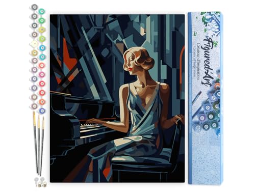 Figured'Art Malen Nach Zahlen Erwachsene Art-Deco-Frau am Klavier - Paint by Numbers Basteln DIY Bastelset 40x50cm ohne Holzrahmen von Figured'Art