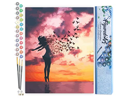 Figured'Art Malen Nach Zahlen Erwachsene Frau und Vögel - Paint by Numbers Basteln DIY Bastelset 40x50cm ohne Holzrahmen von Figured'Art