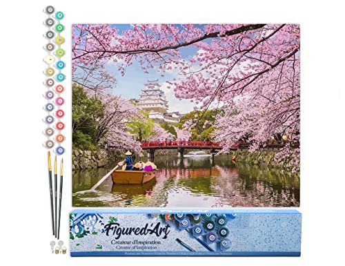 Figured'Art Malen Nach Zahlen Erwachsene Kirschblüten am Fluss in Japan - Paint by Numbers Basteln DIY Bastelset 40x50cm ohne Holzrahmen von Figured'Art