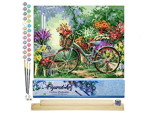 Figured'Art Malen Nach Zahlen Erwachsene Mit Rahmen Blumen und Fahrräder - Paint by Numbers Basteln DIY Bastelset 40x50cm Mit Keilrahmen (nicht gespannt) von Figured'Art