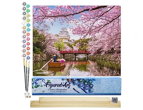 Figured'Art Malen Nach Zahlen Erwachsene Mit Rahmen Kirschblüten am Fluss in Japan - Paint by Numbers Basteln DIY Bastelset 40x50cm Mit Keilrahmen (nicht gespannt) von Figured'Art