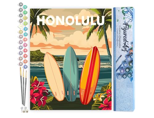 Figured'Art Malen Nach Zahlen Erwachsene Reiseposter Honolulu - Paint by Numbers Basteln DIY Bastelset 40x50cm ohne Holzrahmen von Figured'Art